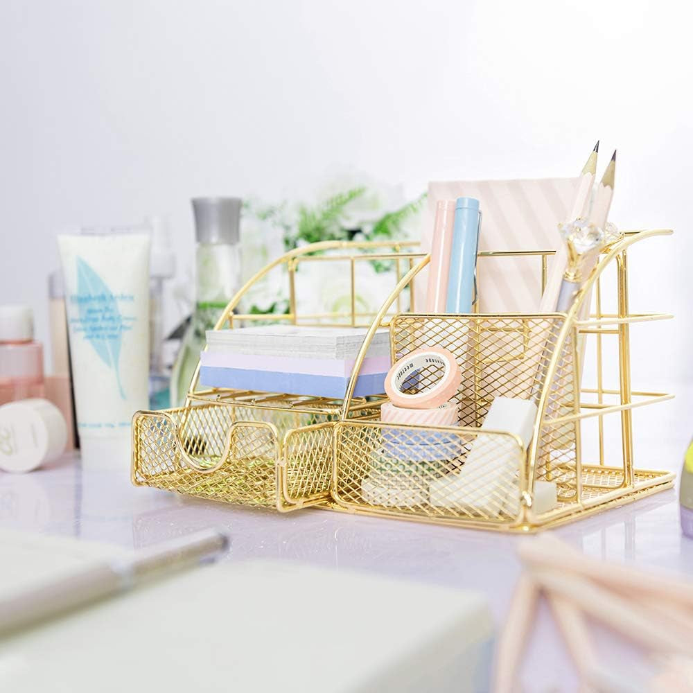 Gold Desk Organizer, Mesh Office Supplies Desk Accessories, Features 5 Compartments + 1 Mini Sliding Drawer