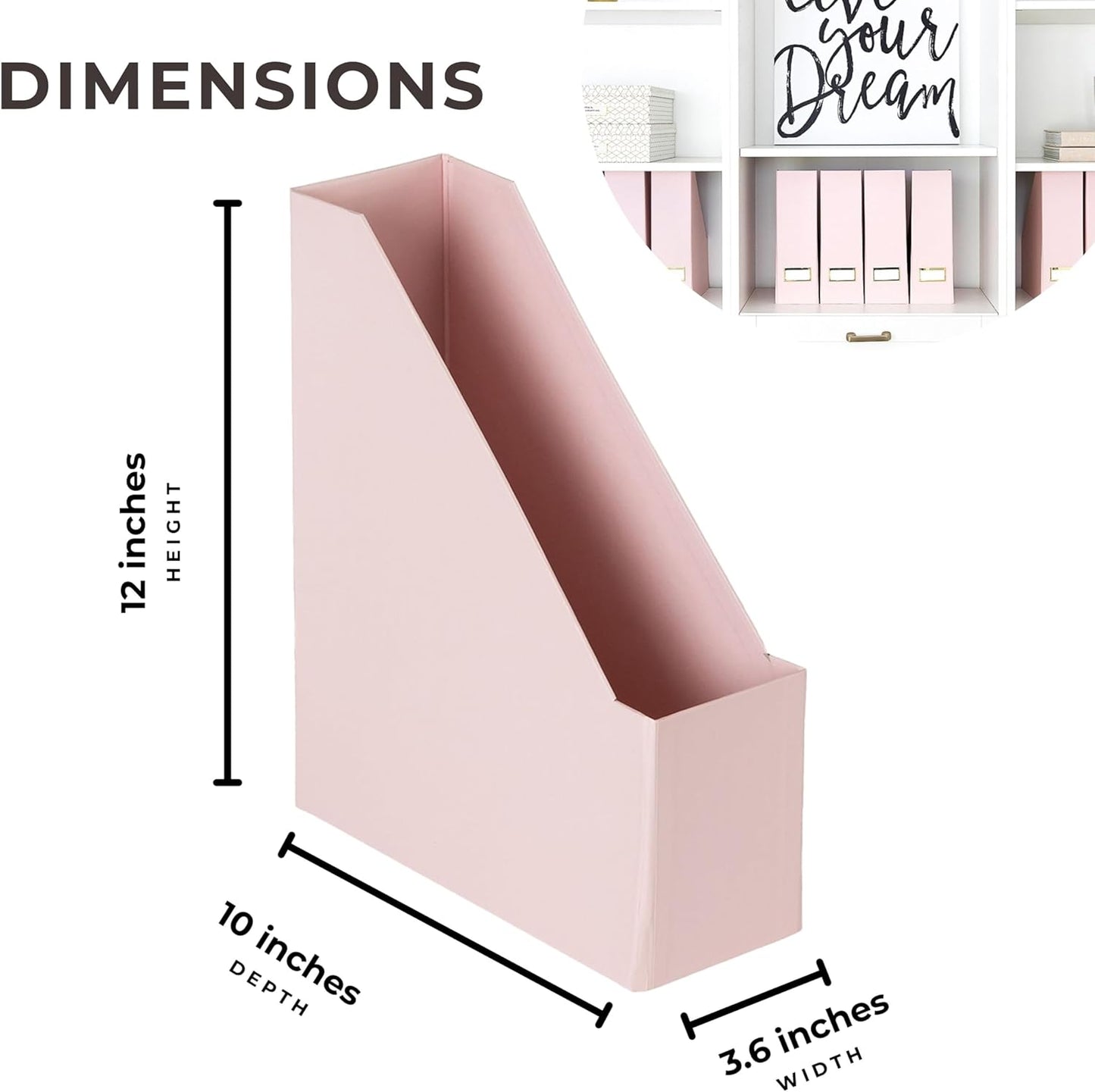 | Cardboard Magazine File Holder Set of 6 Pink | Vertical Magazine File Holder with Gold Label Slots | Standing File Holder and Cardboard Bins for Shelves Desk Storage