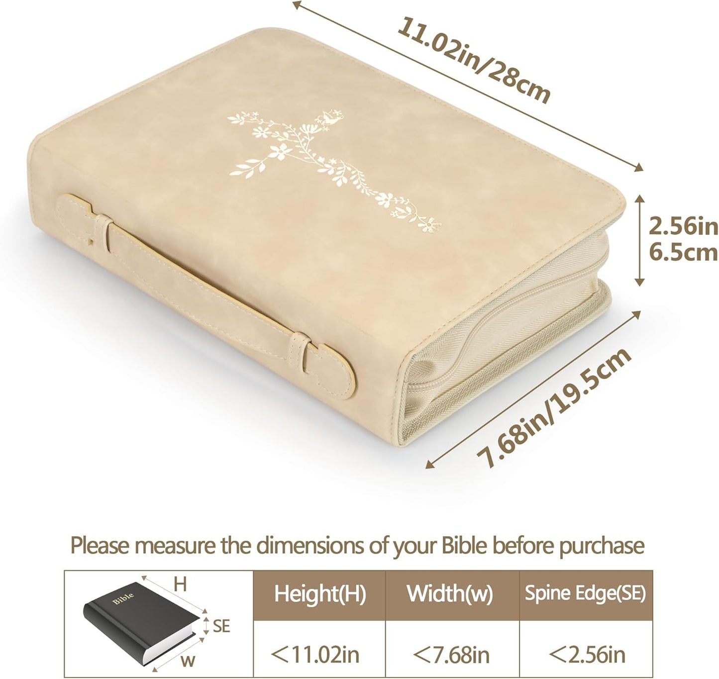 Large Bible Cover Case for Women, PU Leather Bible Bag with Zipper & Handle, Includes Bible Study Supplies, Highlighters and Tabs, Christian Gift for Women, Girls, Teens (Beige/Gold)