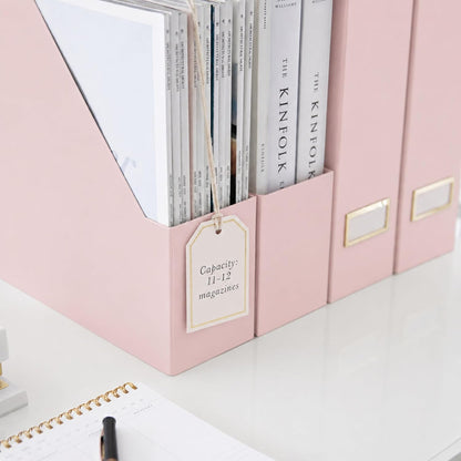| Cardboard Magazine File Holder Set of 6 Pink | Vertical Magazine File Holder with Gold Label Slots | Standing File Holder and Cardboard Bins for Shelves Desk Storage