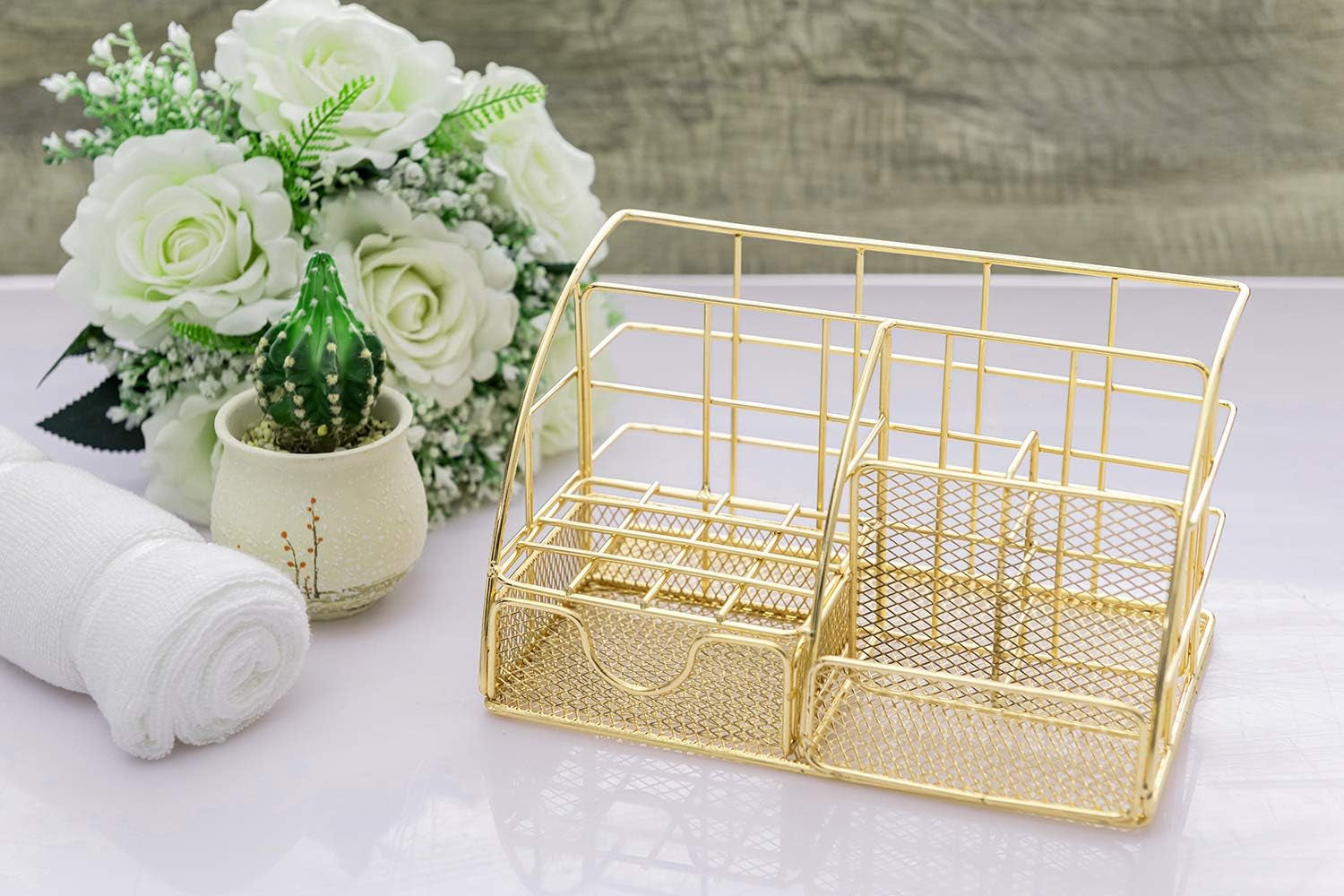 Gold Desk Organizer, Mesh Office Supplies Desk Accessories, Features 5 Compartments + 1 Mini Sliding Drawer