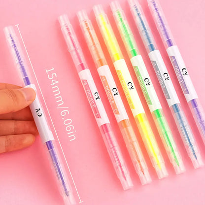 6Colors Dual-Ended Marker Highlighters, for Students Study Noting, School Stationery Supplies.
