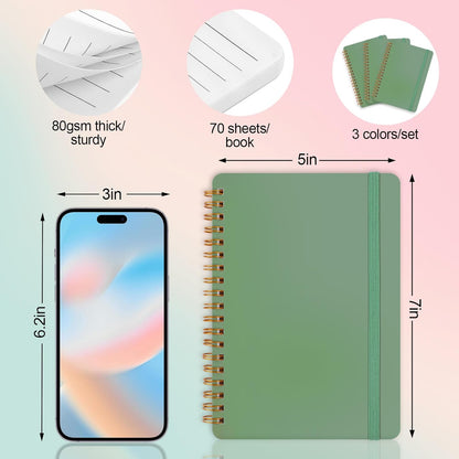 3 PCS Small Spiral Notebook 5X7, Notebooks for Note Taking, Green Spiral Journal Notebook, Work Notebook Small Notebooks 5X7 with Strap, Cute Notebooks for Women 70 Sheets/Note Books