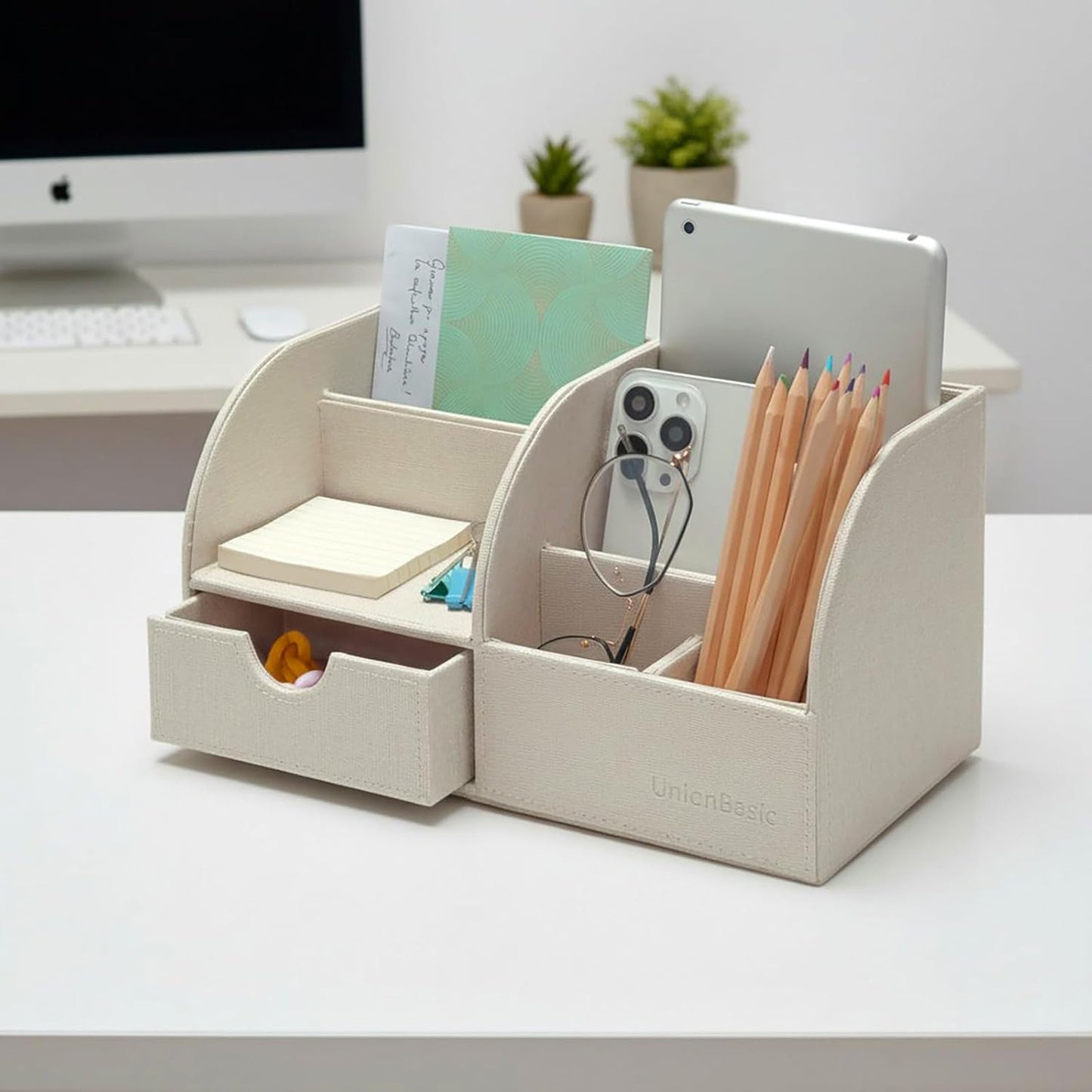 Desk Organizer - Multifunctional Leather Desktop Pen Holder Storage Box - Business Card/Pen/Pencil/Mobile Phone/Stationery Holder, Beige