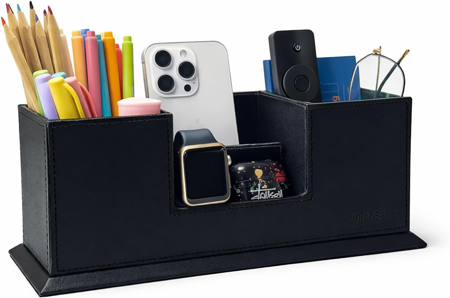 Desk Organizer, Desktop Caddy Leather Multi-Compartment Pen Holder Office Stationer Organizer, Black