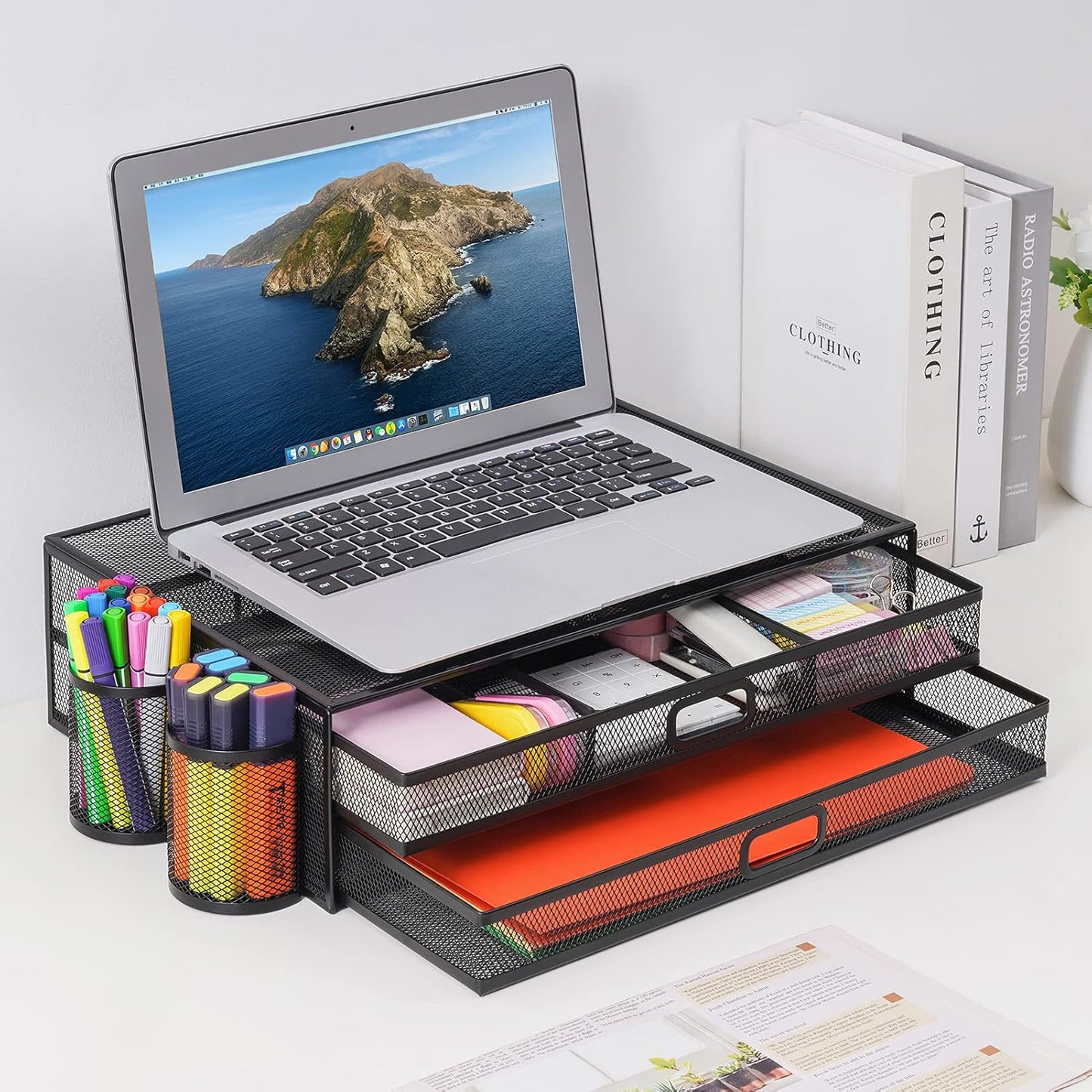 Monitor Stand with Drawer | Monitor Riser with Drawers and 2 Magnetic Pen Holder | Black Mesh Metal Desk Organizer for Computer, PC, Laptop, Printer, Notebook, Imac (Set of 3)