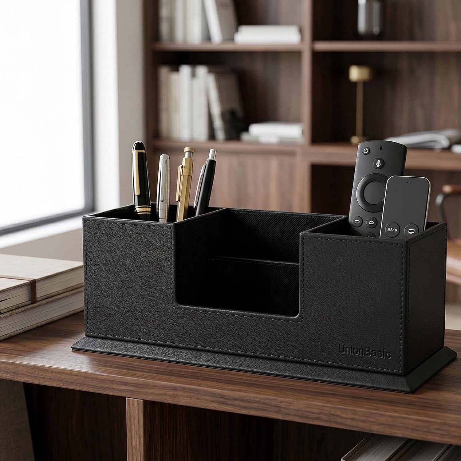 Desk Organizer, Desktop Caddy Leather Multi-Compartment Pen Holder Office Stationer Organizer, Black