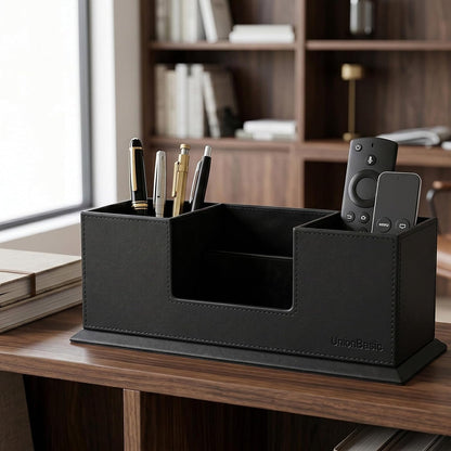 Desk Organizer, Desktop Caddy Leather Multi-Compartment Pen Holder Office Stationer Organizer, Black