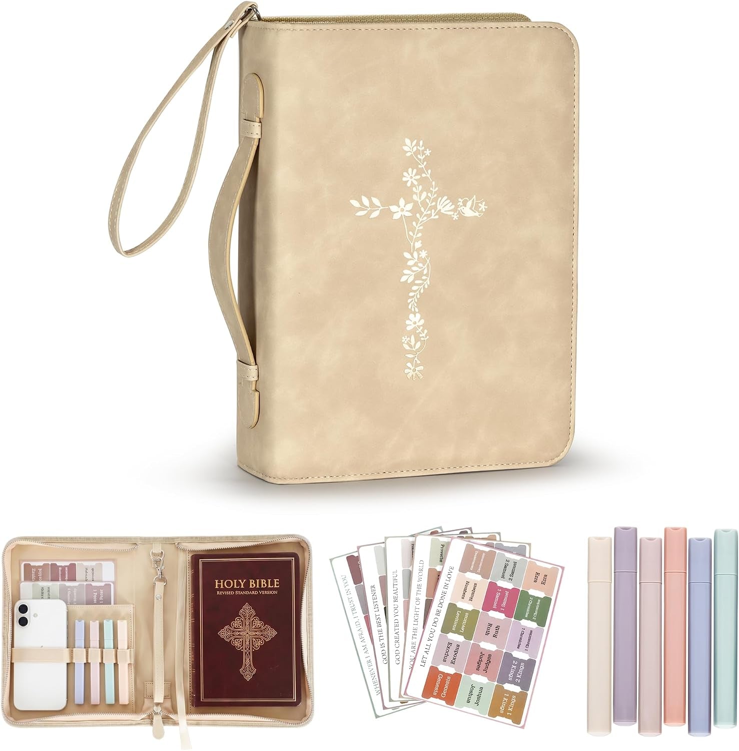 Large Bible Cover Case for Women, PU Leather Bible Bag with Zipper & Handle, Includes Bible Study Supplies, Highlighters and Tabs, Christian Gift for Women, Girls, Teens (Beige/Gold)