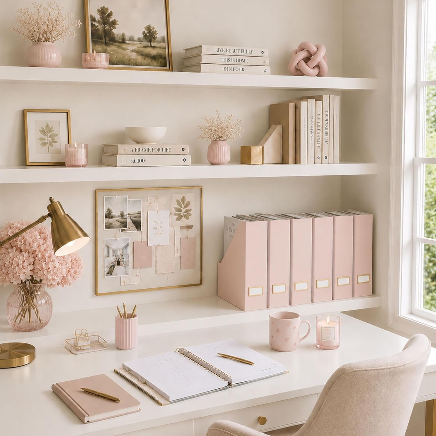 | Cardboard Magazine File Holder Set of 6 Pink | Vertical Magazine File Holder with Gold Label Slots | Standing File Holder and Cardboard Bins for Shelves Desk Storage