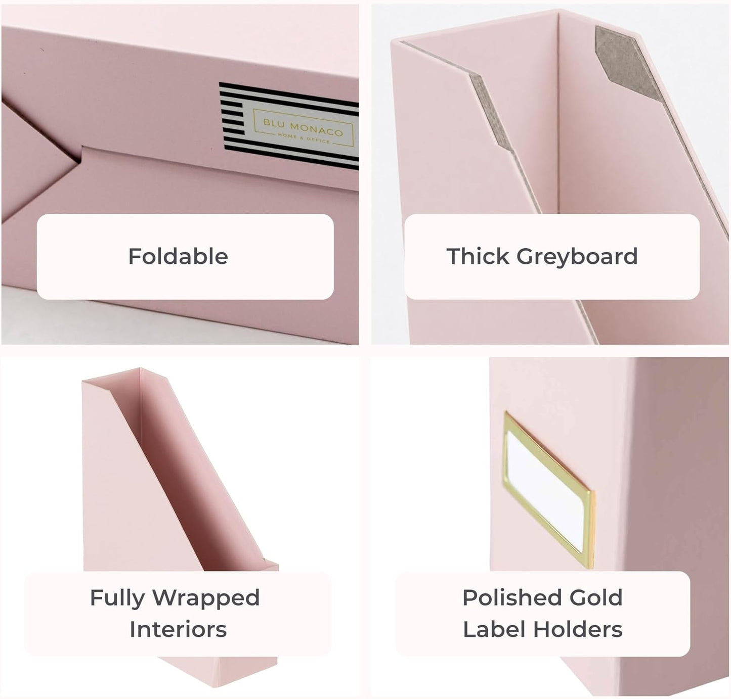 | Cardboard Magazine File Holder Set of 6 Pink | Vertical Magazine File Holder with Gold Label Slots | Standing File Holder and Cardboard Bins for Shelves Desk Storage