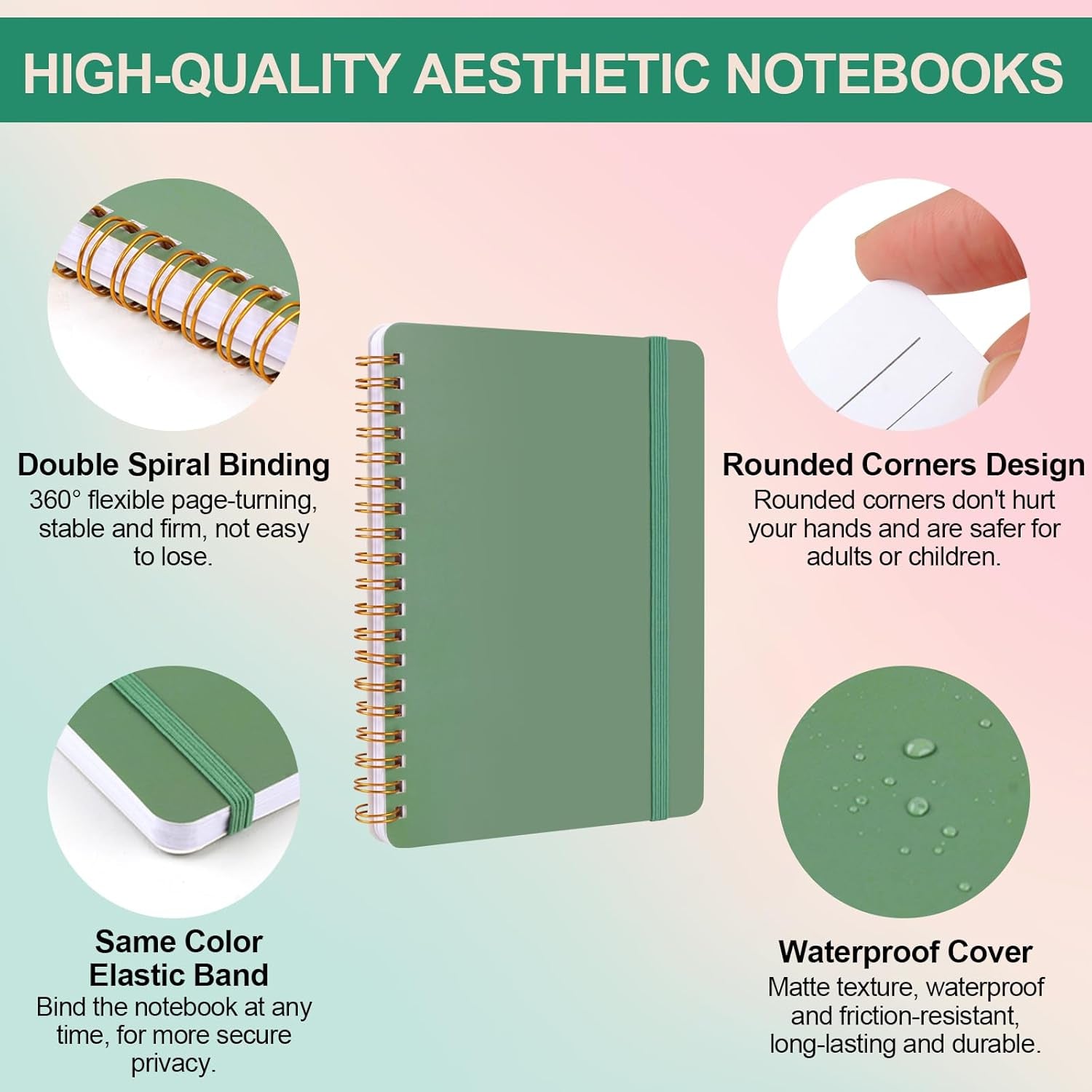 3 PCS Small Spiral Notebook 5X7, Notebooks for Note Taking, Green Spiral Journal Notebook, Work Notebook Small Notebooks 5X7 with Strap, Cute Notebooks for Women 70 Sheets/Note Books