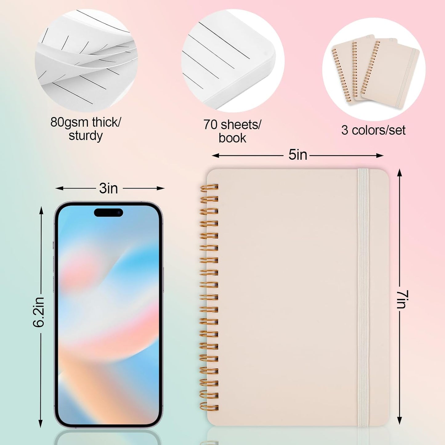 3 PCS Small Spiral Notebook 5X7, Notebooks for Note Taking, Beige Spiral Journal Notebook, Work Notebook Small Notebooks 5X7 with Strap, Cute Notebooks for Women 70 Sheets/Note Books