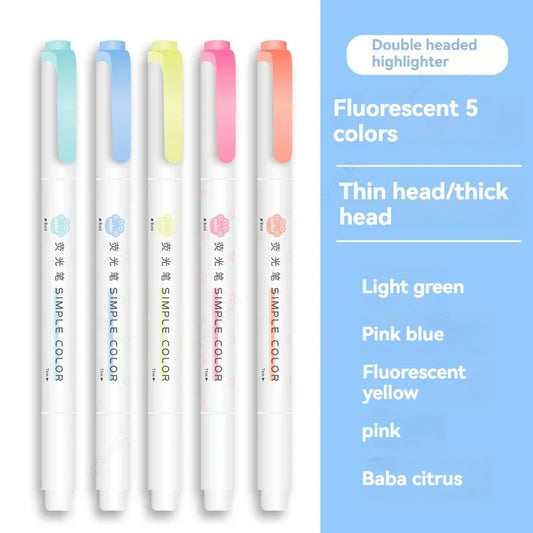 5PCS Highlighter Pen Set Multiple Series Available Double Headed Colored Fluorescent Pen Student Stationery Supplies