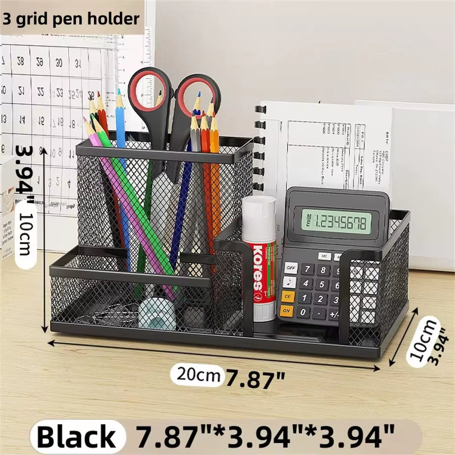 Mesh Desk Organizer Office Supplies Caddy with Pencil Holder and Storage Baskets for Desktop Accessories, 3 Compartments, Black