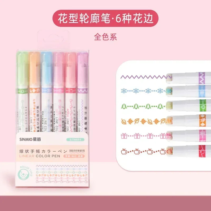 6 PCS Kawaii Flowers Line Shaped Highlighter Pens Roller Tip Curve Liner Marker for Writing Journaling Drawing Stationery