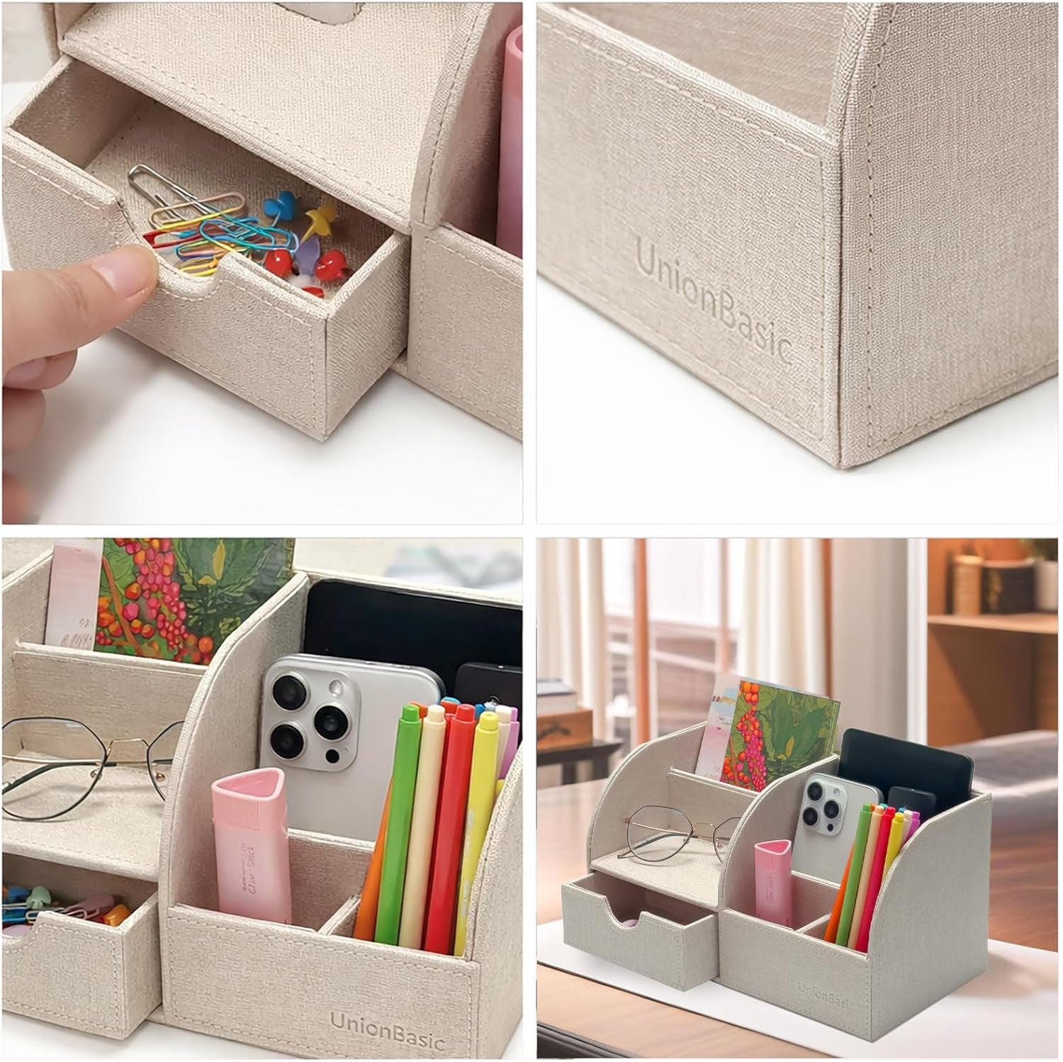 Desk Organizer - Multifunctional Leather Desktop Pen Holder Storage Box - Business Card/Pen/Pencil/Mobile Phone/Stationery Holder, Beige