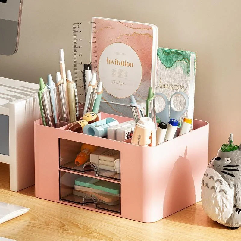Creative Transparent Drawer Storage Box Desktop Cosmetics Organizer Student Pen Holder School Office Stationery Supplies
