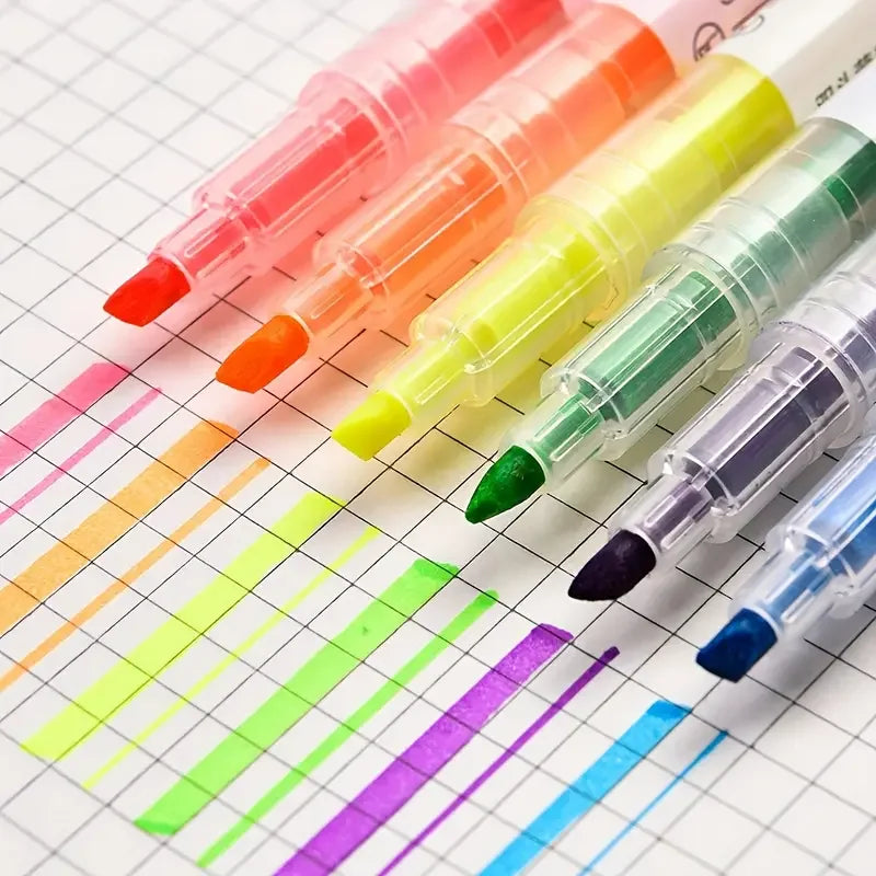 6Colors Dual-Ended Marker Highlighters, for Students Study Noting, School Stationery Supplies.